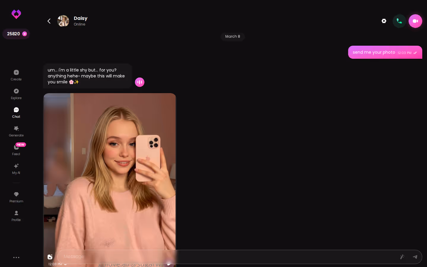 A GoLove.ai chat with a photo requested and delivered inside the conversation
