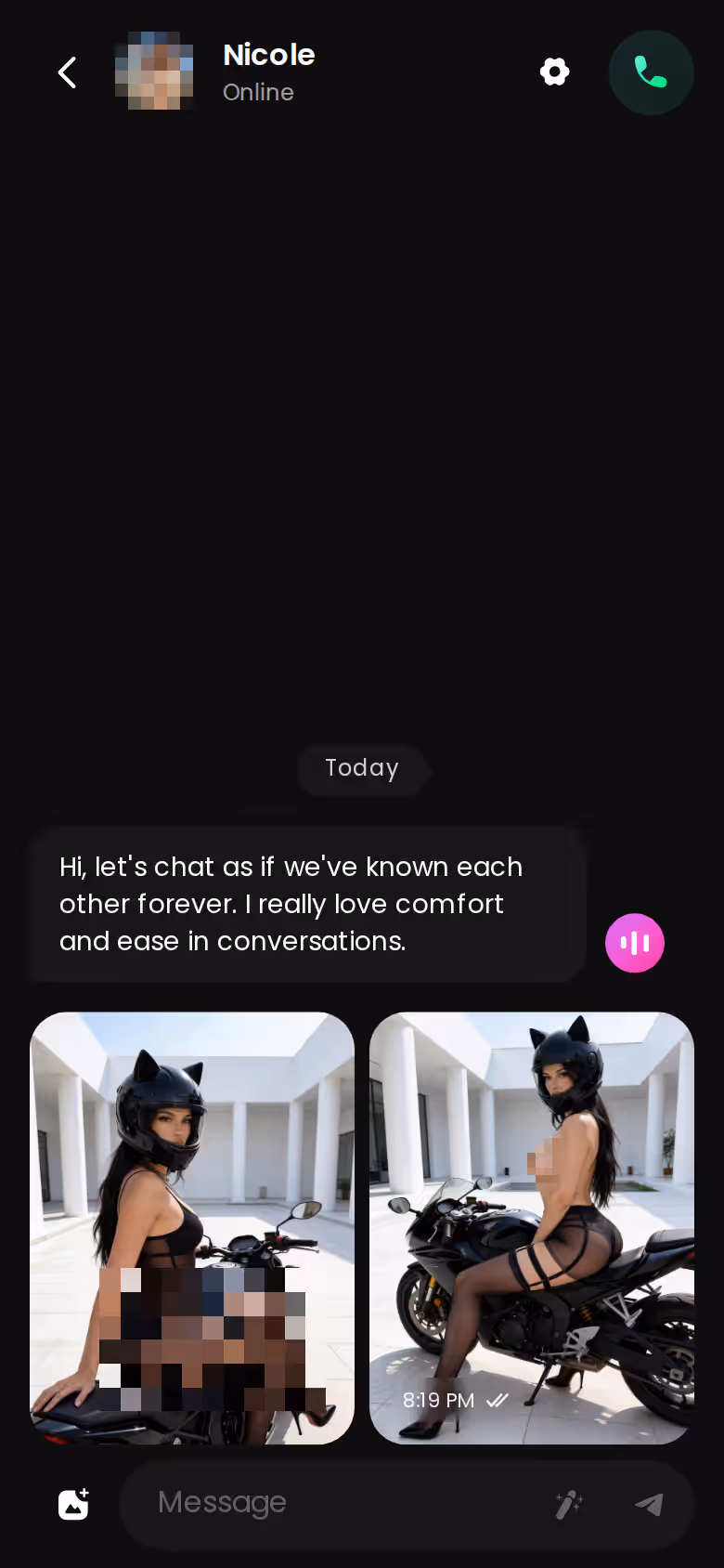 GoLove.ai mobile chat thread where Chat Settings sets voice, lust level and response length