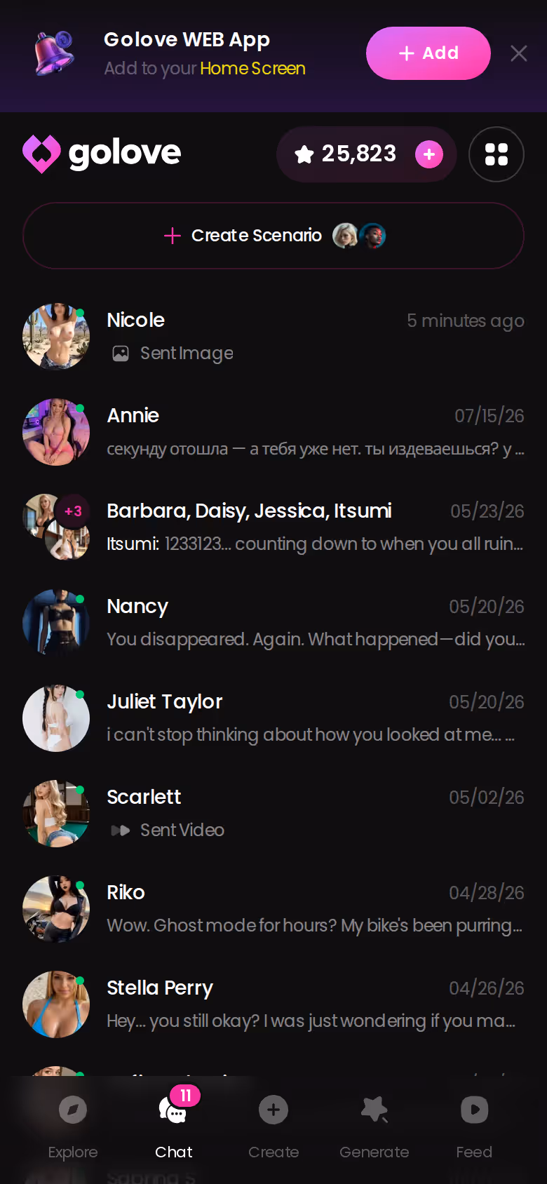 GoLove Chats page on mobile showing a list of ongoing conversations with different AI girlfriends