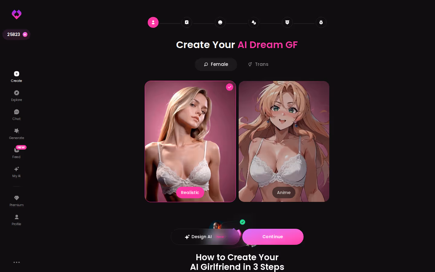 GoLove.ai Create wizard start screen with Realistic, Anime and Trans options