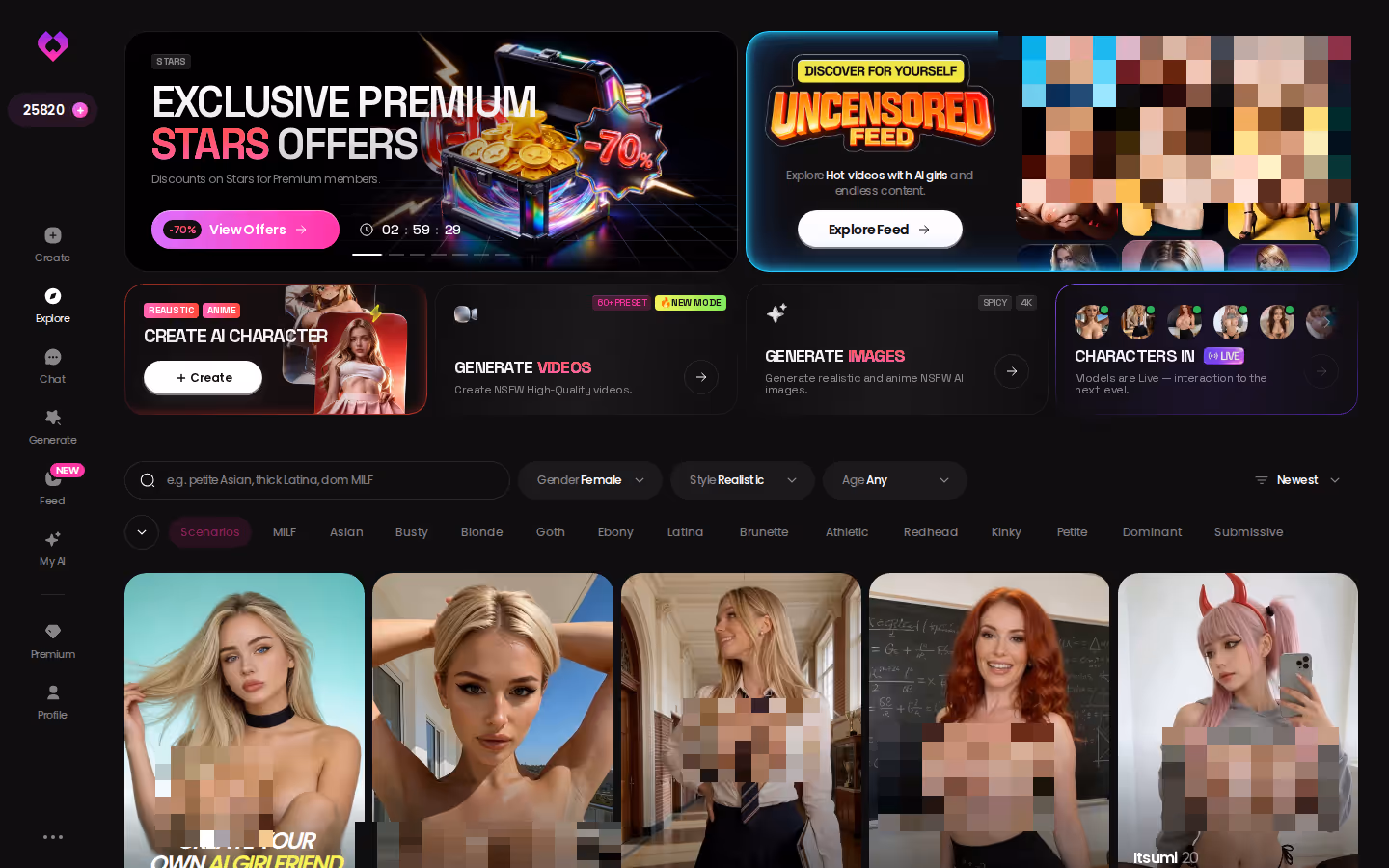 GoLove.ai Explore grid with tag chips for picking a JOI persona