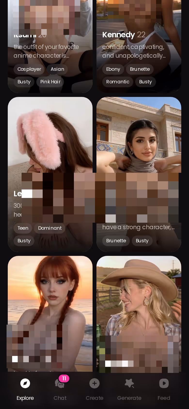 GoLove Explore grid on mobile showing realistic AI characters ready to chat