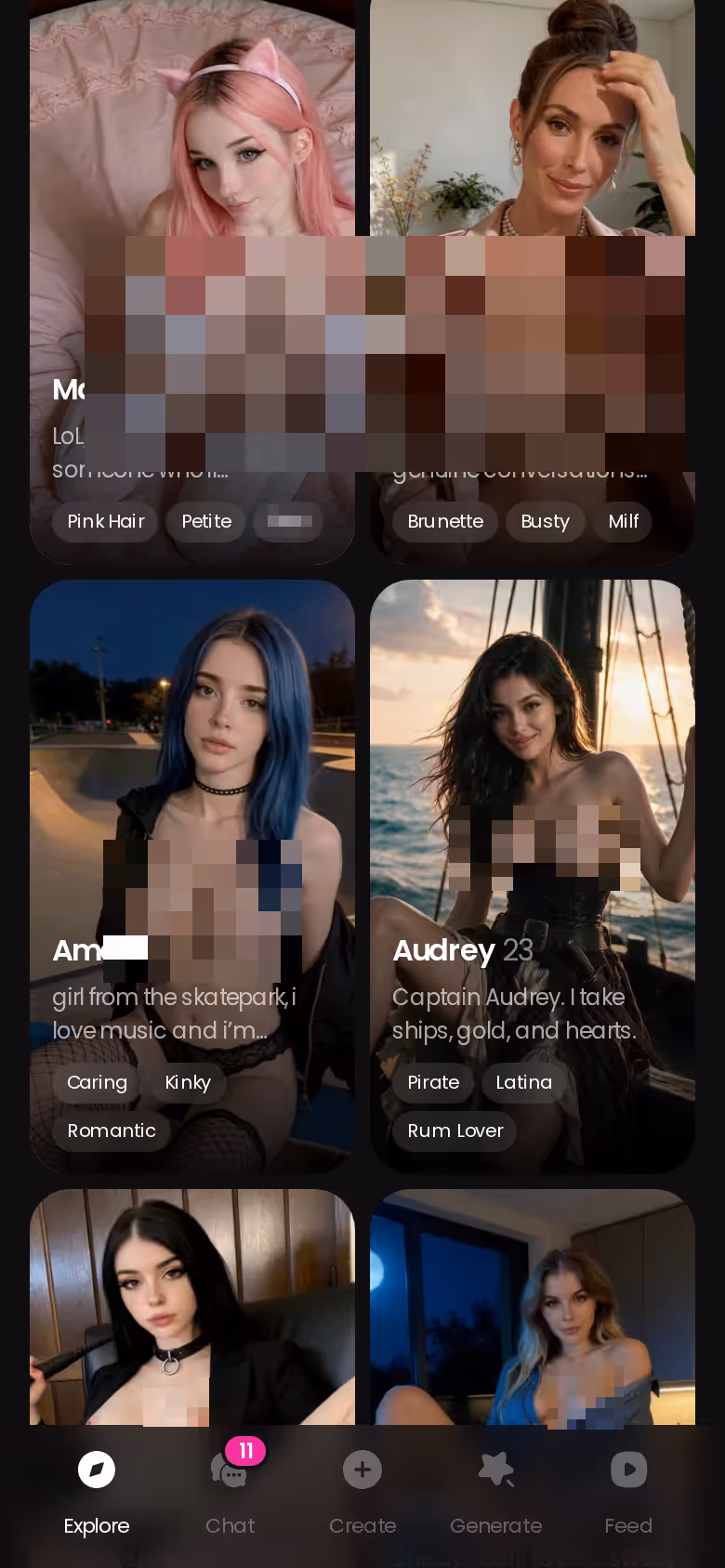 More of the mobile GoLove.ai Explore character grid — ai fantasy chat