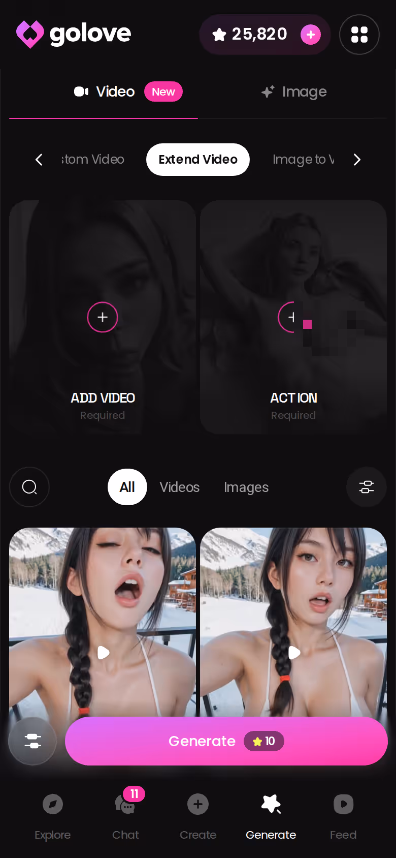 GoLove.ai Extend Video option in the mobile generator