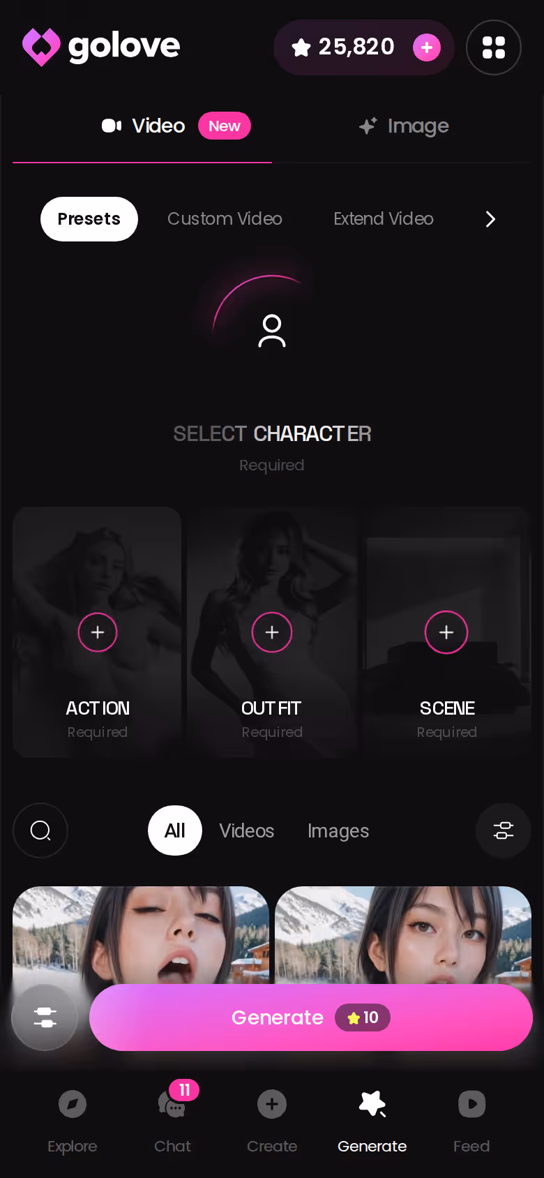 GoLove.ai mobile generator hub showing the modes Stars are spent on