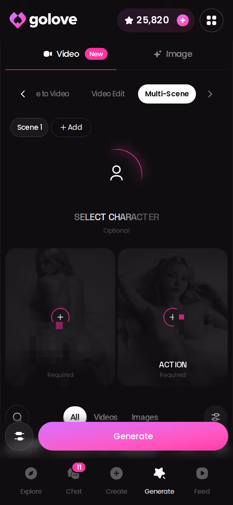 GoLove.ai mobile video generator building a multi-scene clip from preset cards