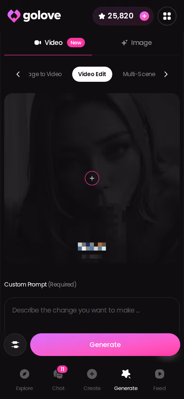 GoLove.ai Video Edit mode on mobile for reworking a generated clip